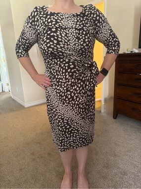 Ann Taylor Black and White Printed Tie-Waist Midi Dress